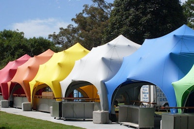 Stretch pod merchandising tents, price upon request, available throughout North America from Stretch Structures