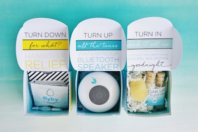 During turndown service, attendees scored more branded treats such a Bluetooth shower speaker, a hangover kit, and artisanal marshmallows and traditional rum cake.
