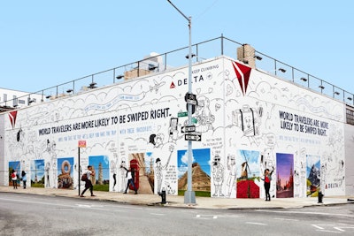 The branded wall, which features nine backdrops and cheeky illustrations, will be on display in Williamsburg, Brooklyn, throughout the summer.