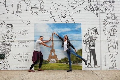 Illustrations of iconic locations including the Eiffel Tower served as backdrops for new Tinder profile pictures.
