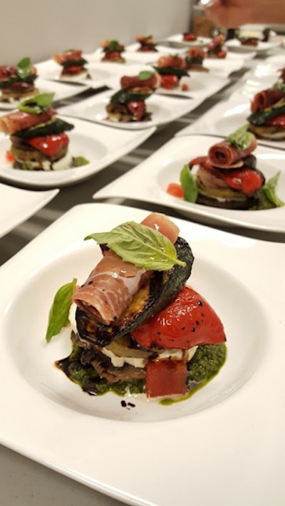 Grilled Vegetable Tower, Prosciutto, Balsamic and Arugula