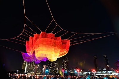 A hanging fiber sculpture from artist and keynote speaker Janet Echelman towered over the closing night Max Bash event.