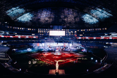 The Curve Ball, which took place on the field at Rogers Centre May 25, featured a design that incorporated Canadian symbols and the Toronto Blue Jays colors of royal and navy blue, white, and red.
