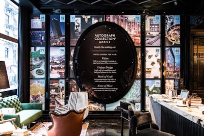 The room focused on Marriott's Autograph collection included an accent wall with the brand promise and images of several properties.