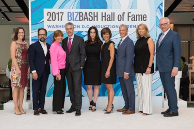 BizBash Hall of Fame honorees gathered on stage before the event. (Pictured, left to right): Beth Kormanik, executive editor of BizBash; Philip Dufour, president and C.E.O. of Dufour & Co Productions; Susan Ann Davis, chairwoman of Susan Davis International; Eric Michael, president of Occasions Caterers; Nicole Peck, executive vice president of BizBash; Capricia Penavic Marshall, former Chief of Protocol of the United States; Mark Michael, C.E.O. of Occasions Caterers; Julie Hanson, president and C.E.O. of Hanson Productions; David Adler, BizBash C.E.O and founder.