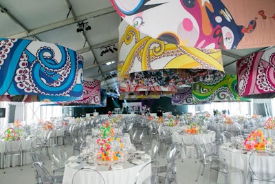 The dining tent featured colorful, tentacle-strewn decor that HMR Designs created in collaboration with Takashi Murakami.