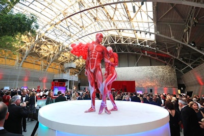 Body-painted models performed poses similar to those found in the California Science Center's new exhibit, 'Body Worlds: Pulse.' It took 10 hours for painters to create the looks on site.