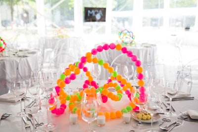 The centerpieces featured bright ping-pong balls that were arranged in a shape reminiscent of octopus tentacles. 'When you meet Murakami, you instantly begin to think out-of-the-box, playful, and uniquely stylish,' said event designer Bill Heffernan.