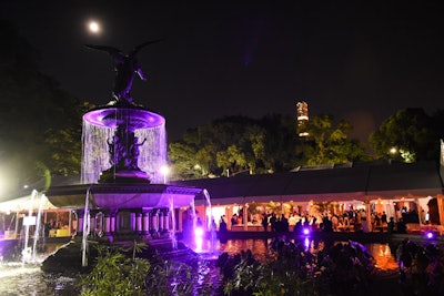 The lighting on the fountain changed color during the event. The idea was to “make it vibrant without over-lighting the party,” Rafanelli said, and to highlight the terrace’s architecture.