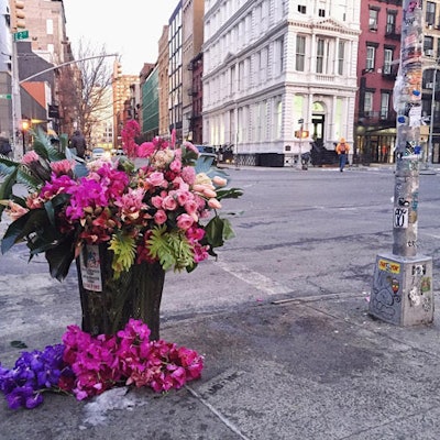 For Valentine's Day, Miller showed some love, planting a bouquet of purple and pink blooms on the corner of Bowery and Bond Streets.