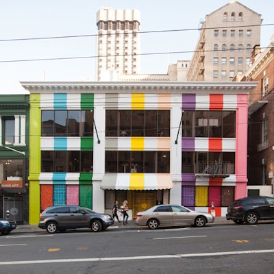 A formerly vacant building at 575 Sutter Street in San Francisco has been covered in eye-catching vertical stripes.