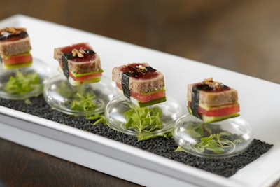 Seared ahi tuna on compressed watermelon, by Wolfgang Puck Catering in Boston, Atlanta, Washington, Dallas, Seattle, and Los Angeles