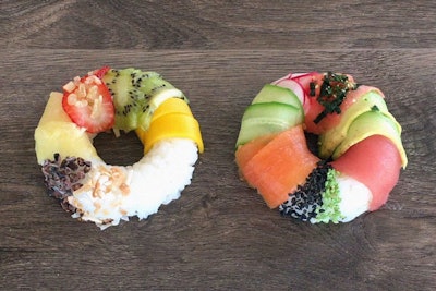 Savory sushi “doughnuts” made with sushi rice, ahi tuna, avocado, pickled ginger, radishes, cucumber, wild Alaskan salmon, black sesame seeds, wasabi seeds, and nori mix, by Abigail Kirsch in New York