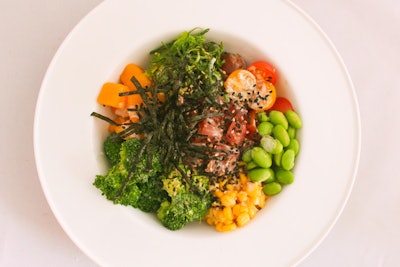 Create-your-own poke bowl station with sushi-grade fish, house-made sauces, mixed greens, rice options, and toppings such as avocado, jalapeño, seaweed salad, kale, and more, by Wolfgang Puck Catering in Boston, Atlanta, Washington, Dallas, Seattle, and Los Angeles