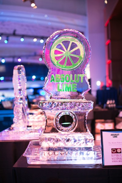 Liquor brands such as Absolut were highlighted through ice sculptures on top of the bars.