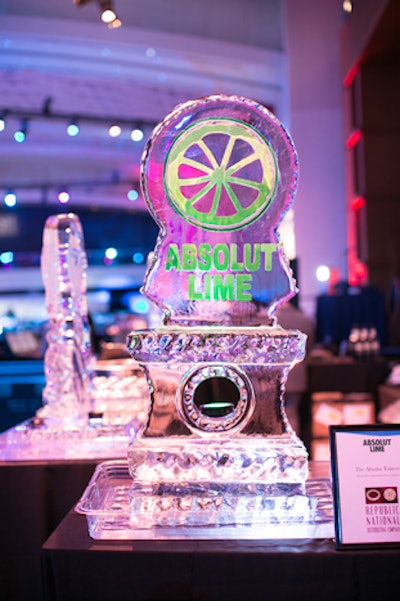 Liquor brands such as Absolut were highlighted through ice sculptures on top of the bars.