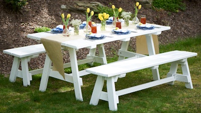 For a more casual warm-weather look, the Picnic Table and matching Benches are a classic staple.