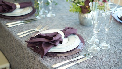 Kelsey Grey Lace Linen, styled with rich amethyst elements and silver accents, make for a timeless, season-less look.