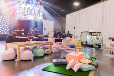 On the last day of the convention, the Geffen Events team had two hours to transform the general session area into a 1960s-theme after-party, complete with giant dreamcatchers, an old VW bus, 25 disco balls, and a performance stage.