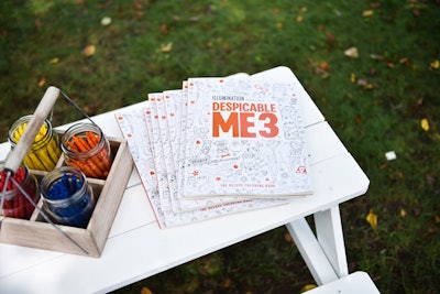 Popular among the children in attendance, Despicable Me 3 coloring books were placed at kid-friendly picnic tables, complete with an assortment of beeswax crayons arranged by color in mason jars.