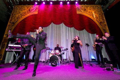 Marquise, a seven-piece band, played after dinner in the rehearsal hall, with decor inspired by Monaco’s opulent Opera House and Casino, including a gilded dance floor and a bandstand with a working Austrian curtain.