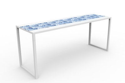 Blue-and-white brushed-stroke-printed acrylic runner, price upon request, available nationwide from Blueprint Studios