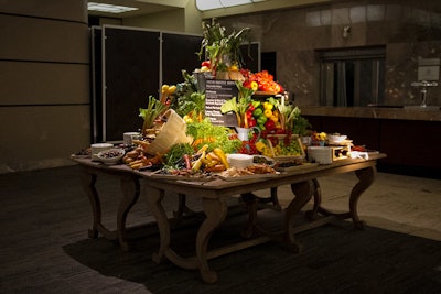 For a colorful, interactive food station option, Encore Catering in Toronto offers its Artisanal Antipasto Harvest Table that features a number of cured meats and European cheeses from Italy, Switzerland, the Netherlands, and Spain. The table also serves veggies including sun-dried tomatoes, grilled artichoke hearts, roasted peppers, and Spanish olives, along with mostarda, quince jam, crackers, and toasted crostinis. Pricing starts at $32 per person, with larger group pricing scaled to the event size.