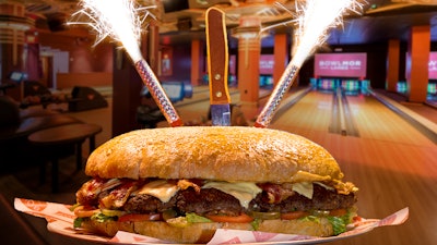Bowlmor’s Behemoth Burger: a five-pound burger that’s perfect for parties.