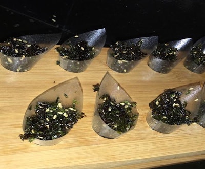 Fried Seaweed with Toasted Sesame seeds served in Edible Oblate Paper Cone.