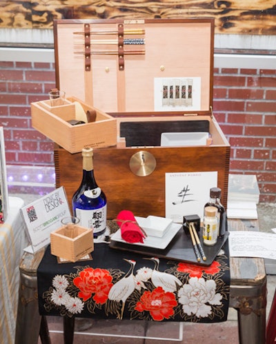 Japan, and the nation's culture, came to mind from Scott Brogan Group's basket, which featured two custom-made sushi plates, tatami mat coasters, and chopsticks in a custom Douglas fir picnic box complete with chopstick holders.