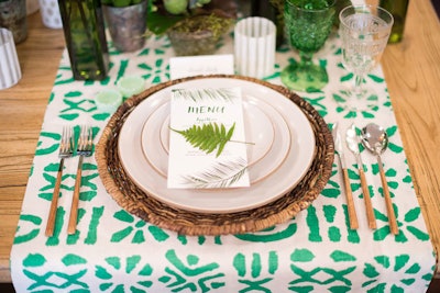 Mabel emerald pattern items, including napkins, pillows, table runners, drapes, and round table linens, from $3 to $62, available nationwide from La Tavola Fine Linen