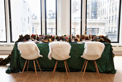 A festive table design, styled by Tinsel Experiential Design, features the sparkly Emerald Sequin Taffeta linen from Miami-based Nuage Designs. Pricing starts at $35.