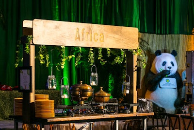 The evening featured food stations from Africa, North America, Central and South America, Southeast Asia, and Asia, highlighting the regions in which the Smithsonian’s National Zoo and Conservation Biology Institute work to save species. Also at the event was a photo station that included an eight-foot-tall fiberglass giant panda.
