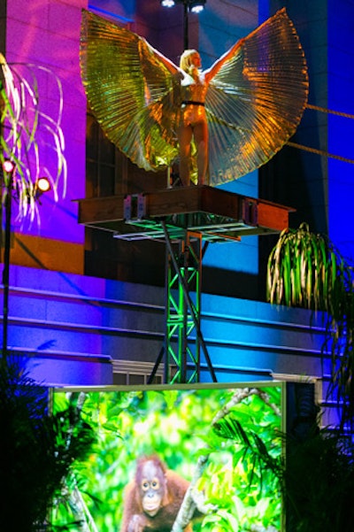 A performer stood atop the recreation of the Zoo's O-Line, a popular attraction where critically endangered Bornean orangutans cross a 50-foot-high suspended cable.