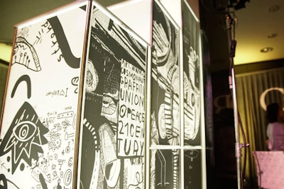 Vinyl appliques of street art were used on lighted bars, and printed art was used on rows of lighted columns.