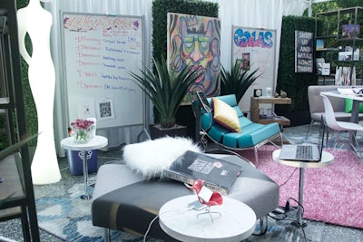 Designers Clint Unchurch and Ruben Gomez of Extraordinary Events won the top prize for their lounge that evoked the company’s work space. Using Cort furnishings and accessories alongside pieces from their own office, the interactive conference-room vignette included whiteboards where graphic artists recreated their own street art.