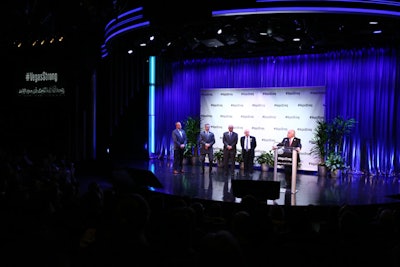 More than 500 people attended Tuesday’s #VegasStrong press conference. IMEX chairman Ray Bloom was joined on stage by Jim Murren, chairman and C.E.O. of MGM Resorts International; Roger Dow, president and C.E.O. of the U.S. Travel Association; Rossi Ralenkotter, president and C.E.O. of the Las Vegas Convention and Visitors Authority; and David Peckinpaugh, president of Maritz Global Events. The group discussed the importance of hospitality and tourism in the wake of the city’s mass shooting on October 1, emphasizing that, as Murren said, “People here have a job because of you. Meetings and conventions are the backbone of this city. Without them everything else falls away.”
