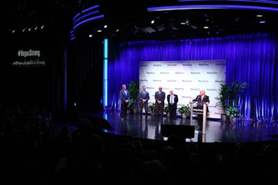 More than 500 people attended Tuesday’s #VegasStrong press conference. IMEX chairman Ray Bloom was joined on stage by Jim Murren, chairman and C.E.O. of MGM Resorts International; Roger Dow, president and C.E.O. of the U.S. Travel Association; Rossi Ralenkotter, president and C.E.O. of the Las Vegas Convention and Visitors Authority; and David Peckinpaugh, president of Maritz Global Events. The group discussed the importance of hospitality and tourism in the wake of the city’s mass shooting on October 1, emphasizing that, as Murren said, “People here have a job because of you. Meetings and conventions are the backbone of this city. Without them everything else falls away.”