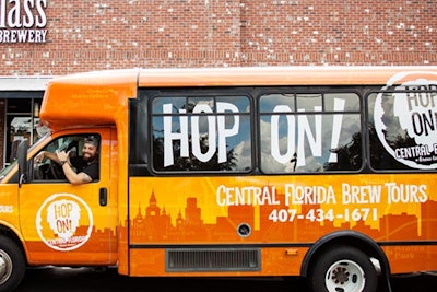 Groups looking for a Central Florida outing can book a trip with Hop On tours. A 12-passenger bus takes guests on one of three routes, each one visiting four local breweries. Participants choose either a 12-ounce beer or a tasting flight at each location. The experience costs $600 for 12 people. The pick-up and drop-off location is the Broken Cauldron Brewery and Taproom in downtown Orlando.