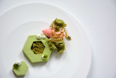 Chef Geoffrey Zakarian mixes a nut and tea into one of his desserts at the Lambs Club in New York, creating “Pistachio Parfait.” The dish is a pistachio cake with a green tea and lime crumble, along with a strawberry rhubarb sorbet.