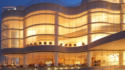 Leatherby's Café Rouge at Segerstrom Center for the Arts; Exterior night view into Leatherby's Café Rouge at SCFTA.