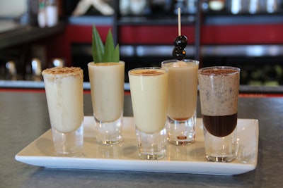 Mixologist Kristy McKinney at the Havana Beach Bar & Grill at the Pearl Hotel in Rosemary Beach, Florida, offers up a flight of eggnog concoctions, including Eggnog Brulée with Bulleit rye whiskey, whipped cream, and turbinado sugar; Havana Nog with Coco Lopez cream of coconut, Appleton Jamaican dark rum, pineapple juice, and freshly toasted coconut; traditional eggnog; Merry Cherry Eggnog with Spring 44 gin, Luxardo maraschino liqueur, and whipped cream; and Eggnog Espresso with Kahlua, Godiva white chocolate liqueur, and espresso ganache.