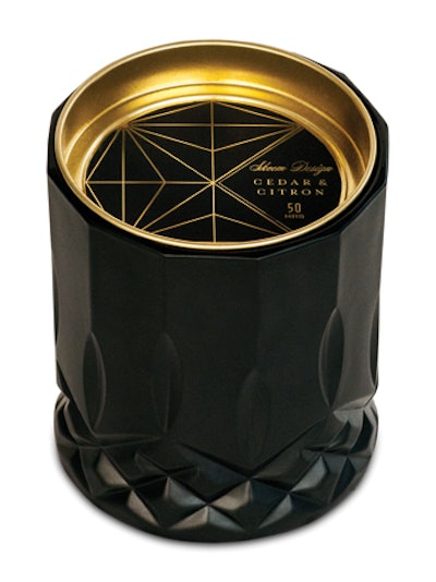 Set the mood with the Cedar & Citron Black Axiom Candle, $25, from Skeem Design. The reusable matte-black, cut-glass jars are accented with gold metallic lids. They also make sweet-smelling seasonal party favors.