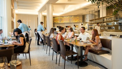 State Bar & Grill at the Empire State Building; Main Dining Room, bar behind and view of kitchen.