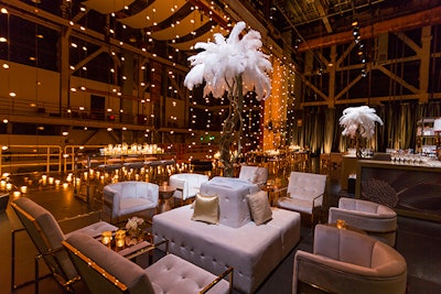 Six foot tall ostrich feather florals are the center of attention in this showstopping cocktail lounge. The Zellerbach room took modern elegance to a new level.