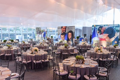 Clear, unobstructed views of the bay were afforded at nearly every seat inside the 13,000-square-foot tent, thanks to a dramatic 13-foot wall of glass that dominated one side of the tent, bringing the outdoors in.