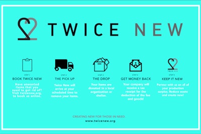 Twice New is a foundation launched by two event-industry veterans, Crystal Ortiz and Christina Rosenberg, in August. The nonprofit organization, which serves Los Angeles and Orange County, provides easy solutions for event waste: Representatives pick up excess supplies and food from any event or venue and donate it to local charities or shelters. Twice New charges a small fee, but that, as well as the items donated, is tax deductible; prices vary depending on location and quantity.