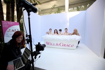 Also in the lounge, a photo booth from NBC's Will & Grace revival allowed guests to pose in a bathtub with cutouts of the stars.