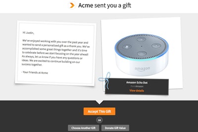 Alyce sends out an email link or a pin code in a handwritten branded card or box to the gift recipient. With the link and pin code, the recipient is able to access the sender’s branded gifting website.