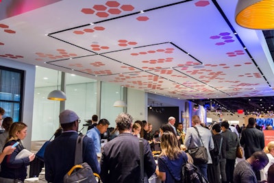 Bumble Bizz, a new networking feature from dating app Bumble, hosted its Hive Pollination Station at the festival hub. The station featured ceiling branding, which was designed by Fast Company art director Katie Flanagan and installed by Burst Visuals.